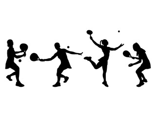 Set of Female Tennis padel Player Silhouette in various poses isolated on white background