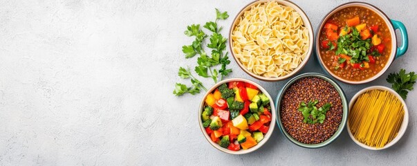 A family meal prep session featuring affordable dishes like vegetable stir-fry, lentil soup, and pasta, illustrating cost-saving strategies