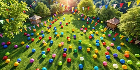 Aerial View of Colorful Bingo Balls and Festive Bunting