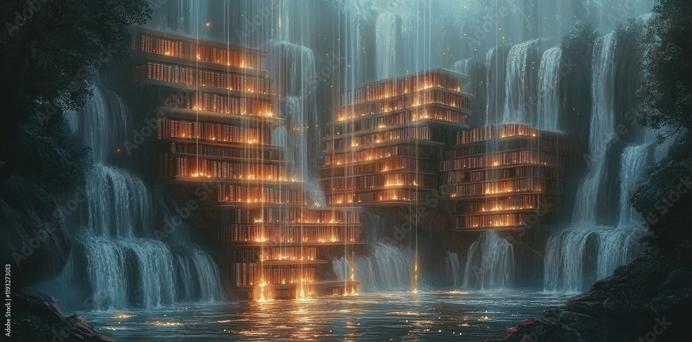 Poster a library of illuminated books nestled within cascading waterfalls