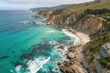 Obraz premium Aerial view of a coastline with rocky cliffs and turquoise waves crashing against the shore at low tide, sea, shoreline