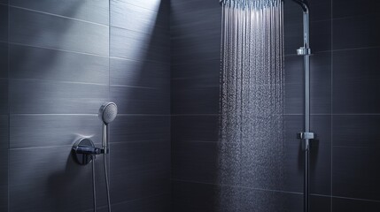 A contemporary smart shower with customizable settings and a sleek design in a modern bathroom, representing advancements in personal care and home comfort, Bathroom scene