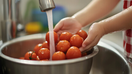 child hands rinsing fresh cherry tomatoes under running water, promoting healthy eating habits and encouraging involvement in food preparation