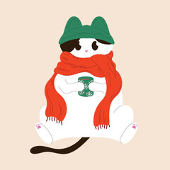 Cat in a hat and scarf holds a mug with a winter pattern in flat style. Perfect for postcard, winter and autumn cozy design. Isolated illustration.