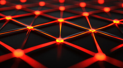 glowing grid of interconnected lines and nodes, radiating vibrant red light, creates dynamic and futuristic atmosphere. This abstract design symbolizes connectivity and technology