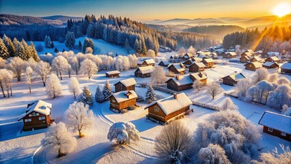 Aerial View of Cozy Wooden Houses in a Snowy Winter Wonderland