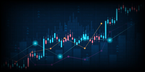 Business financial graph with uptrend line and bar chart of stock market on blue color background
