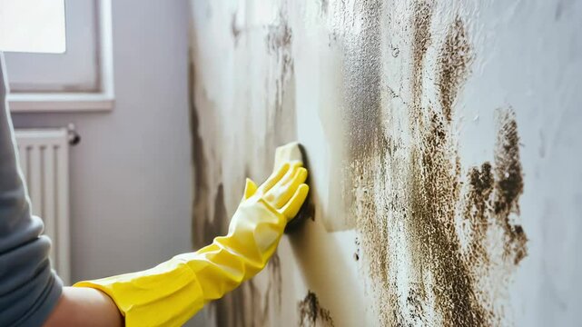 Person wearing yellow gloves while scrubs mold from a wall at home, focusing on cleanliness and maintenance