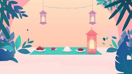 Elegant Islamic Themed Iftar Table Setup with Lanterns and Decor