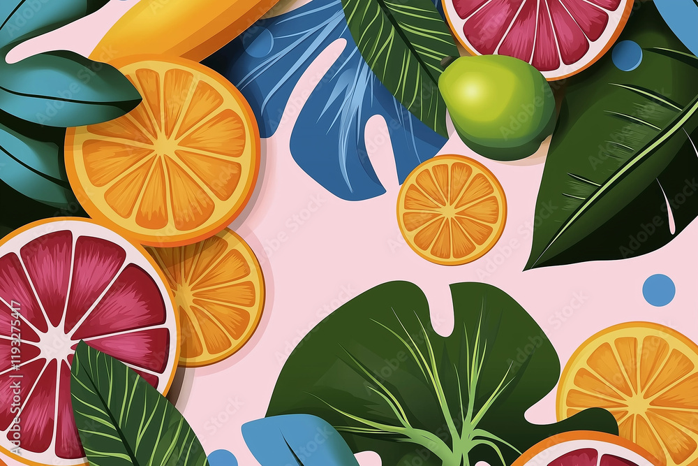Aufkleber Vibrant citrus fruits and tropical leaves creating refreshing summer background