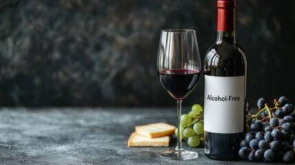 Elegant wine bottle labeled Alcohol Free with glass of red wine, grapes, and cheese on textured surface. Perfect for gatherings and celebrations