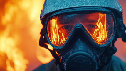 Dramatic flames reflected in firefighter goggles, showcasing intense focus and bravery. scene captures essence of firefighting amidst fiery backdrop