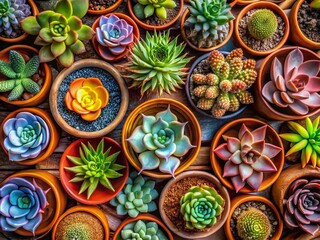 Aerial View of Diverse Succulents in Colorful Pots - Top Down Shot