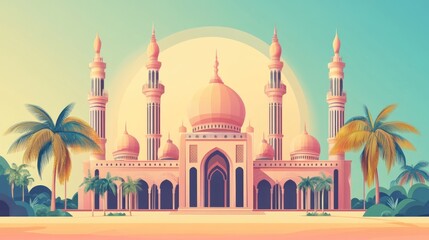Fototapeta premium Grand Mosque Vector Illustration with Palm Trees in a Vibrant Style