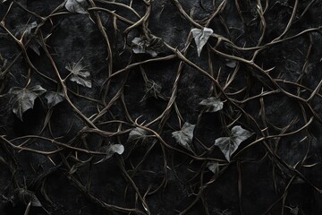 Dark thorny vines with frost covered leaves intertwine