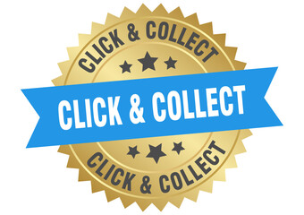 click & collect. click & collect round blue and gold label isolated on transparent background