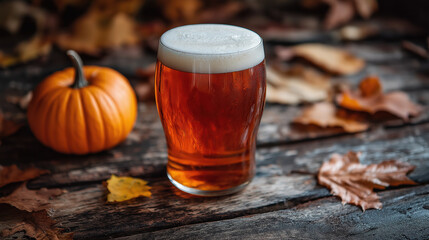 Festive autumn beer with small pumpkin and fallen leaves on rustic wood
