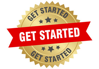 get started. get started round red and gold label isolated on transparent background