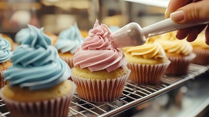 A close-up of cupcakes being frosted with colorful icing in a pastry shop