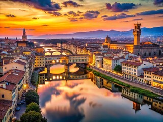Fototapeta premium Aerial View of Florence, Italy: Arno River Reflections at Sunset