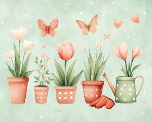 Colorful pots with flowers and butterflies.