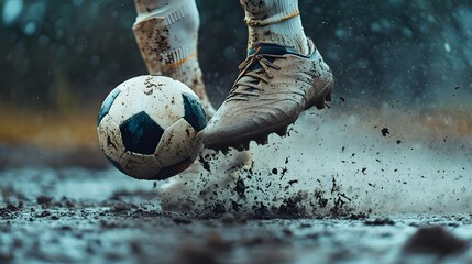 Soccer Player Kicking Muddy Ball on Wet Field in Rainy Weather