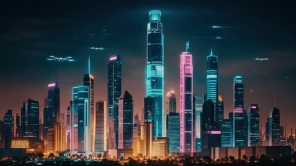 A futuristic city skyline glowing at night, with neon lights and flying drones.