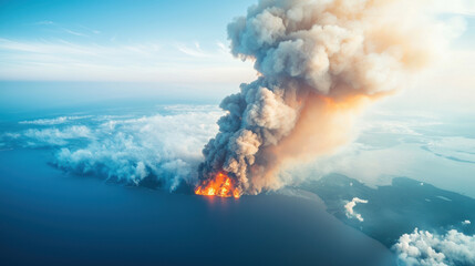 Fototapeta premium Aerial view of vast smoke plumes rising from wildfire, showcasing dramatic orange flames against blue sky. scene captures intensity and scale of fire