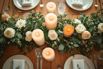 Romantic Wedding Table Decor Candles Flowers Greenery