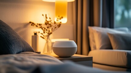 A contemporary smart sleep tracker on a chic bedside table in a modern bedroom, symbolizing the integration of technology in improving sleep quality, Bedroom scene