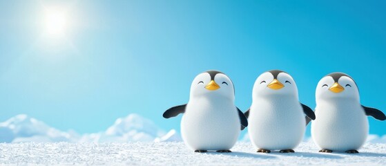 Obraz premium Three playful penguins stand joyfully in the snowy landscape under a bright blue sky, showcasing their adorable nature.