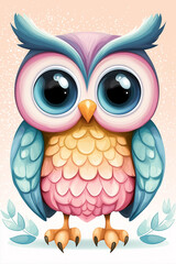Naklejka premium Adorable pastel owl with big eyes standing on a gradient background