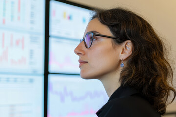 Focused Female Professional Analyzing Financial Data on Screens