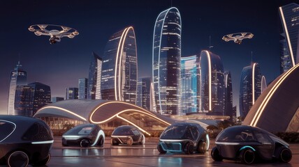 A futuristic city skyline glowing at night, with neon lights and flying drones.