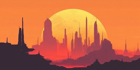 Naklejka premium Futuristic Cityscape at Sunset Under a Large Sun