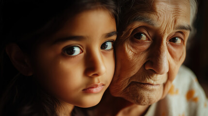 Emotional bond between elderly Indian woman and young girl