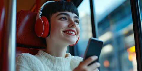 Smiling Teenager Engrossed in Music on Headphones