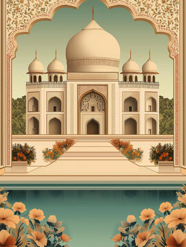 Bibi ka maqbara mughal mausoleum reflecting on water pond with flowers and ornate arch