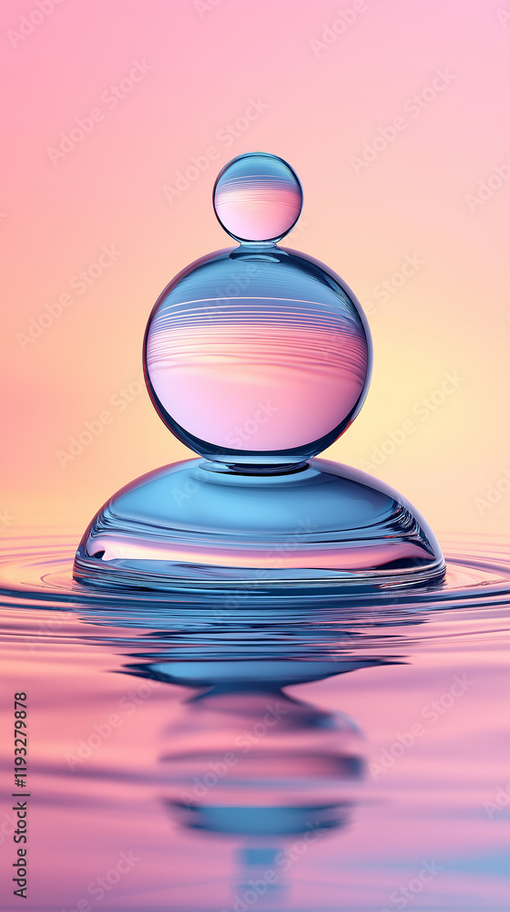 Poster balancing water droplets creating a serene and colorful scene