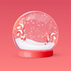 Glass snow globe with snow, candy canes, red podium, base. Vector illustration isolated on red background. Happy New Year greeting card. For party, flyer, banner, web, advertising. Christmas sale