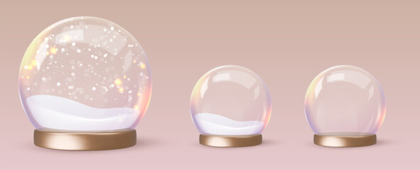 Set glass globe with snow and golden podium, base. Vector illustration isolated on light beige background. Happy New Year greeting card. For party, flyer, banner, web, advertising. Christmas sale