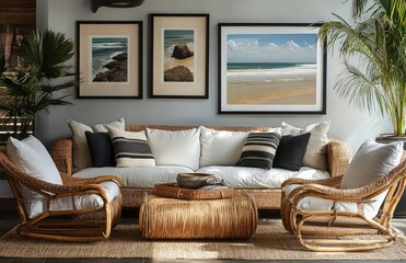 Coastal-inspired interior with framed artwork and serene design elements