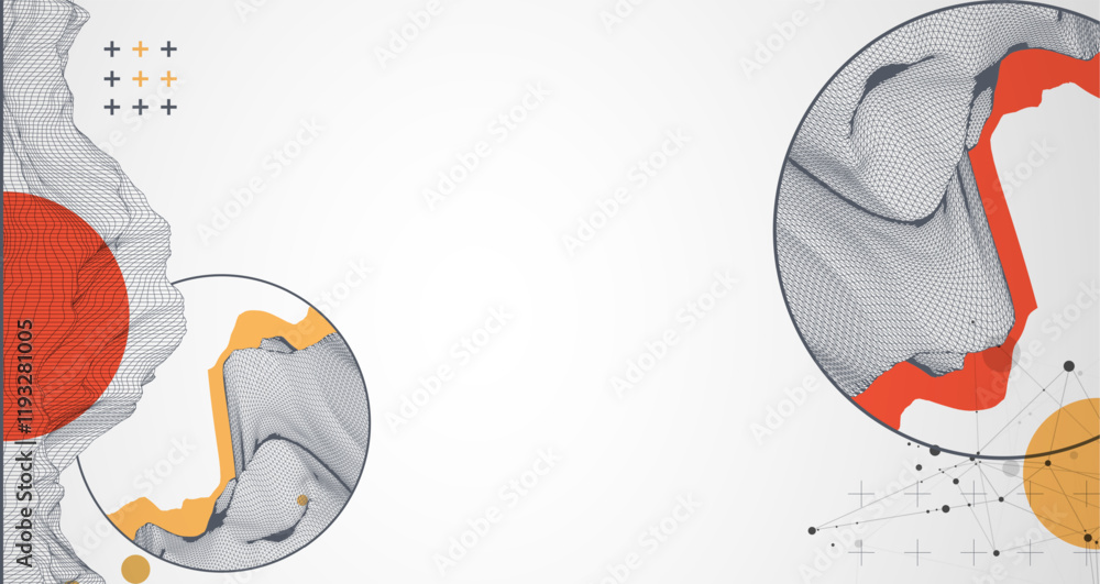 Poster Trendy abstract wireframe background. Modern science or technology art elements. Surface illustration inside circles. Vector