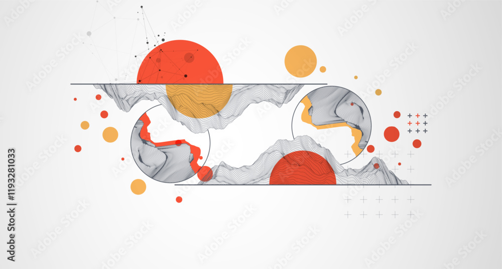 Aufkleber Trendy abstract wireframe background. Modern science or technology art elements. Surface illustration inside circles. Vector