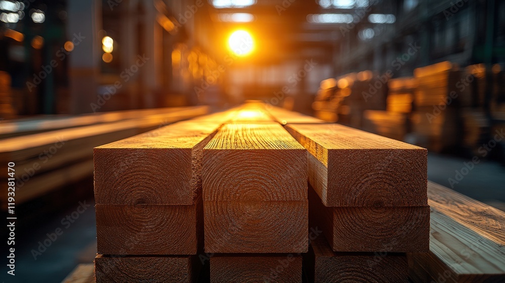 Poster sunlight illuminates stacked lumber in a woodworking facility, creating an inviting atmosphere for c