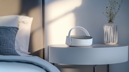 A contemporary smart sleep tracker on a chic bedside table in a modern bedroom, symbolizing the integration of technology in improving sleep quality, Bedroom scene