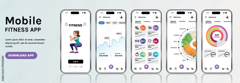 Wall mural a sleek fitness app interface template featuring responsive design elements, including dashboards, c