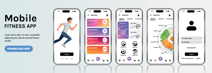 A sleek fitness app interface template featuring responsive design elements, including dashboards, charts, and statistics. Perfect for tracking health, weekly progress, and sports activities