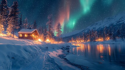 Fototapeta premium Serene Winter Landscape with Cabin Under Northern Lights Reflecting in Calm Water Surrounded by Snowy Trees and Starry Night Sky