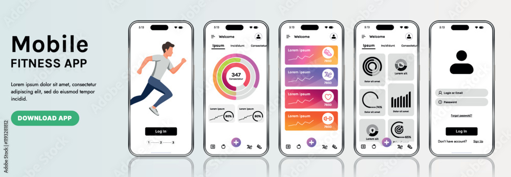 Sticker a sleek fitness app interface template featuring responsive design elements, including dashboards, c